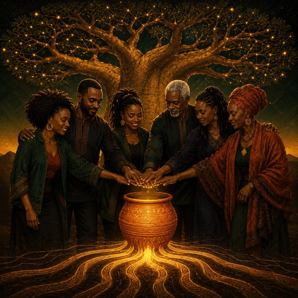 Community members gathered around a glowing susu pot beneath a networked baobab