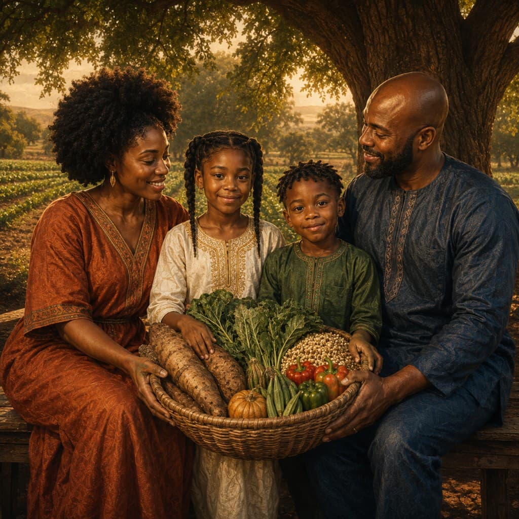 A smiling Black family of four under a tree holding a woven basket filled with harvested produce