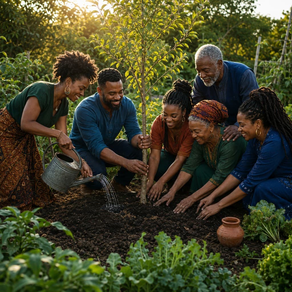 A multi-generational group planting a young tree together in a garden